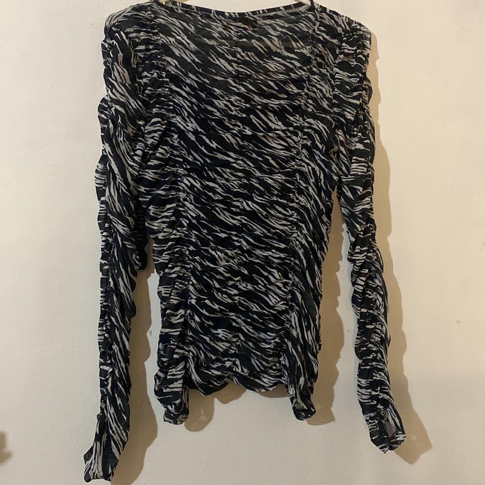 La Rambla Women's Black & White Scoop Neck, Long Sleeves Ruched Top